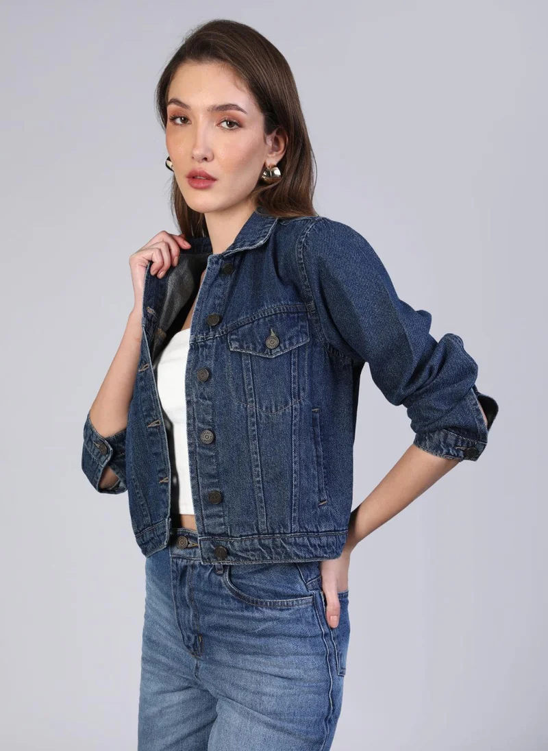 Urbano Fashion  Urbano Fashion Women's Blue Regular Fit Washed Full Sleeve Denim Jacket for Women | Best Price UAE